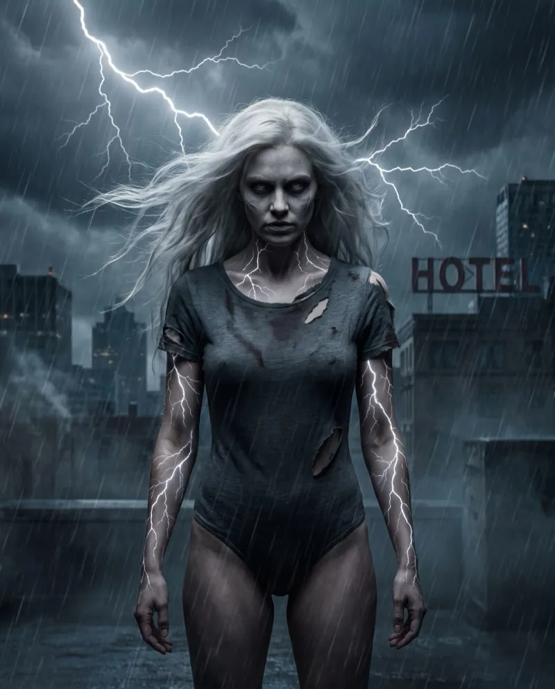 CATEGORY 5, an undead woman with storm-white hair and glowing lightning scars, on a rooftop in the rain.