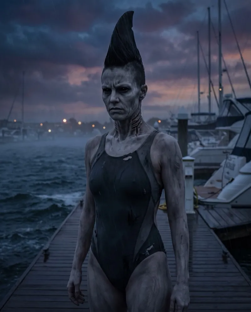 MAKO, an undead swimmer with a mohawk like a shark's fin, on a marina dock.