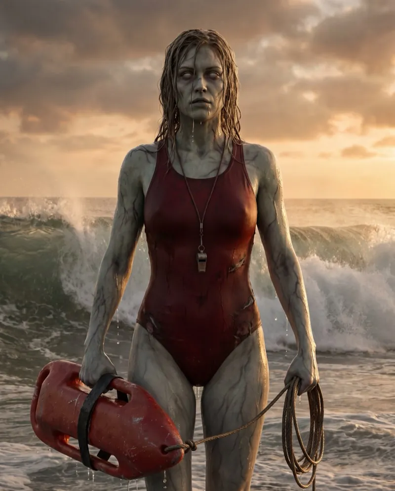 RIPTIDE, an undead lifeguard with a rescue can and a harpoon line, rising from the surf.