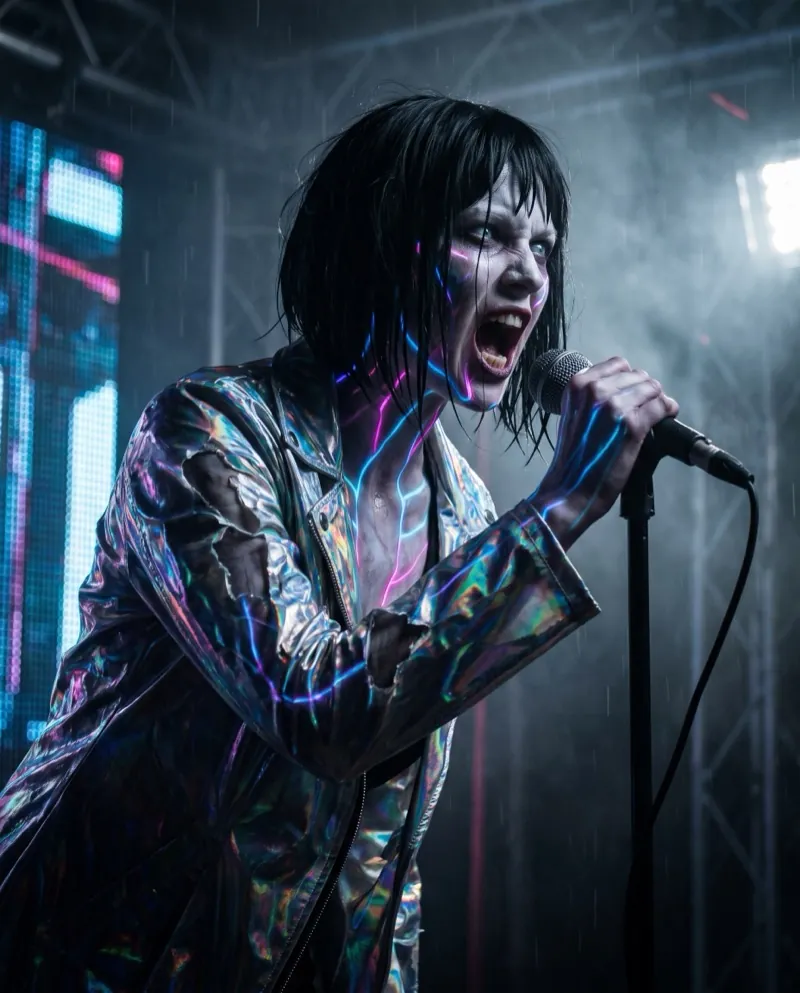 NEON SIREN, an undead singer with glowing neon veins, screaming on a festival stage.