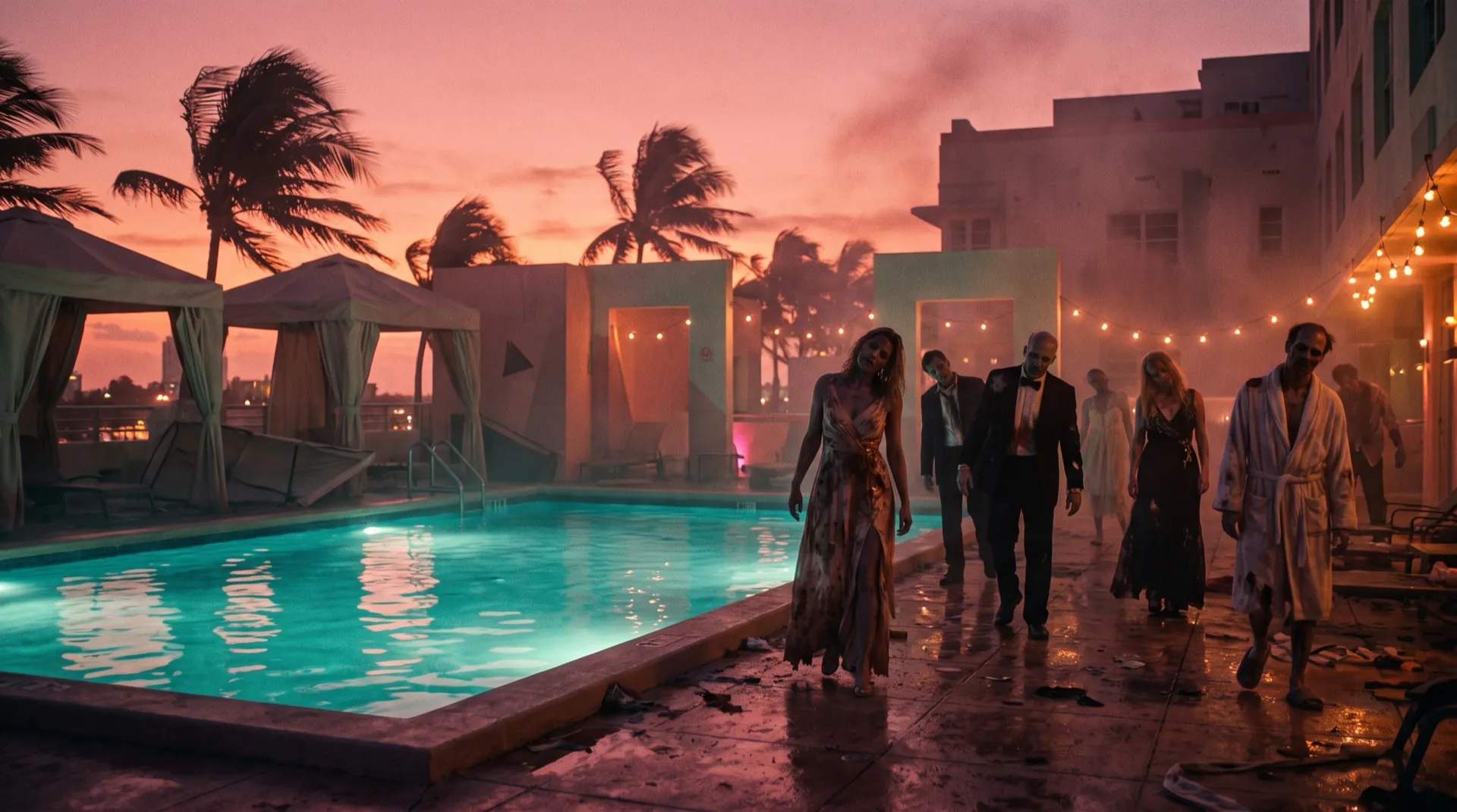 Undead hotel guests stagger across an Art Deco rooftop pool deck at dusk.