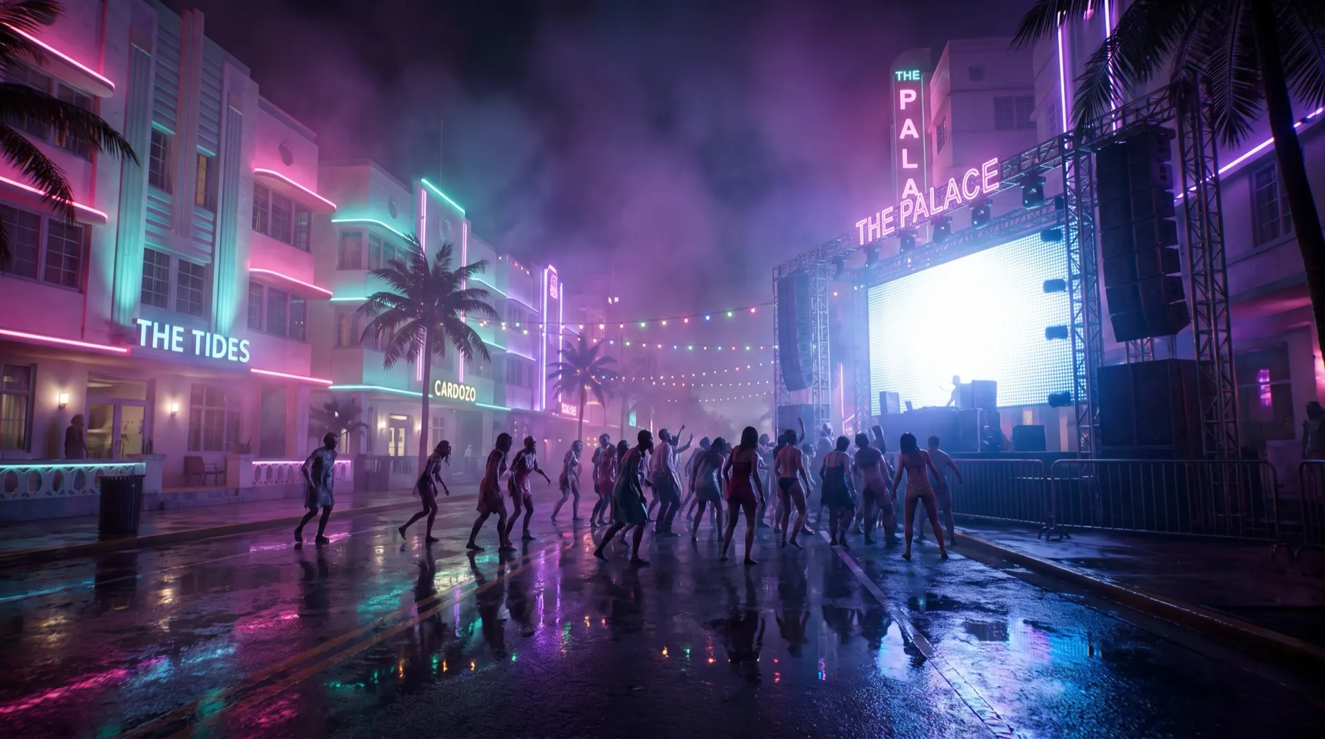 Ocean Drive at night in full neon, a crowd of undead clubbers surging past a festival stage.
