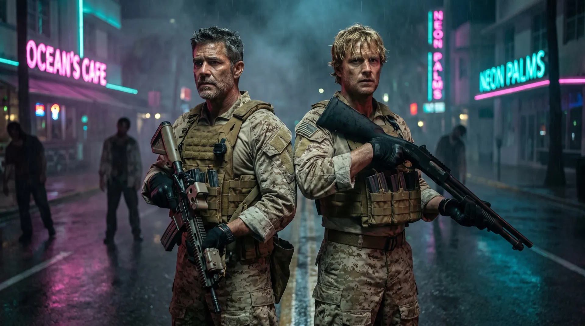 Two Navy SEAL survivors back to back on a rain-slick Ocean Drive under neon.